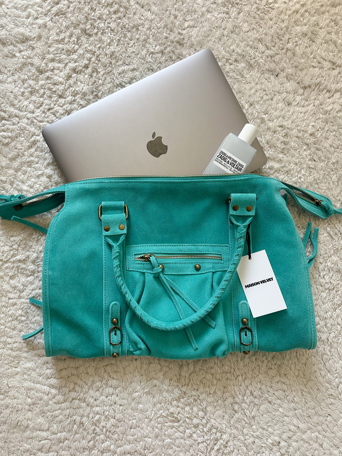 Sac city L - Turquoise en daim