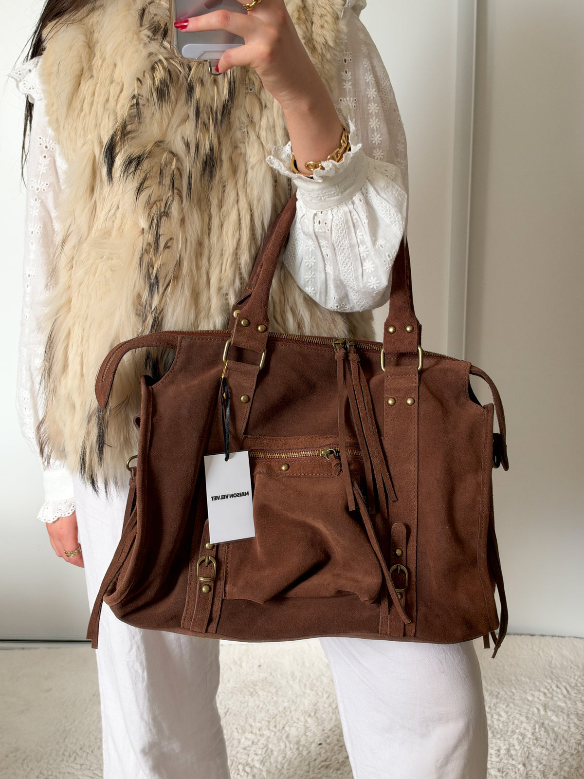 Sac city L - marron en daim